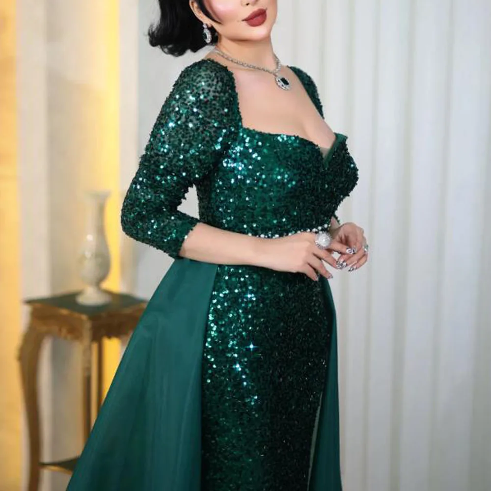 فساتين سهرة مخصصة بحورية البحر بالترتر مع ذيل قابل للانفصال ورقبة مربعة 3/4 كم فستان حفلة عيد ميلاد للنساء