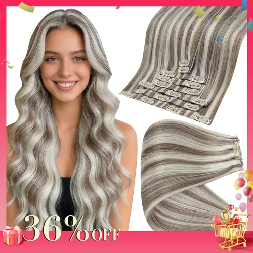 Extensiones de cabello con Clip de brillo completo, cabello humano de 120g, extensiones invisibles sin costuras, cabello humano Remy Balayage, Color rubio