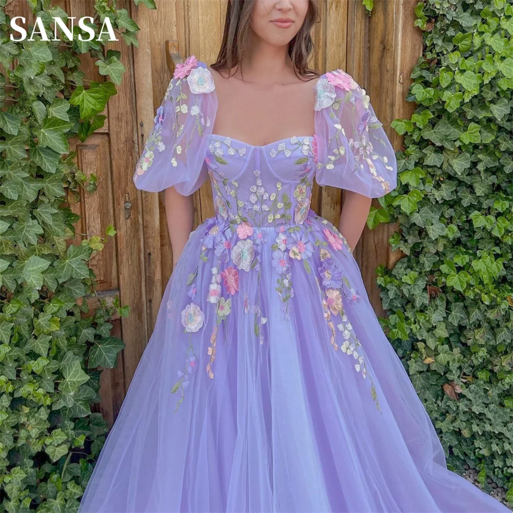 

Sansa Sweet Lavender فساتين السهرة Detachable Sleeves Lace Vestidos De Noche Flower Embroid A-line Prom Dress فساتين سهره فاخره