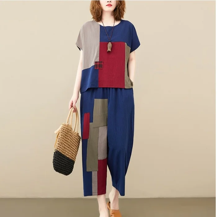 Slimming Effect Cotton Linen Patchwork Loose Women's Set Summer New Sle Retro Ethnic Personali Tag Two-Piece Suit