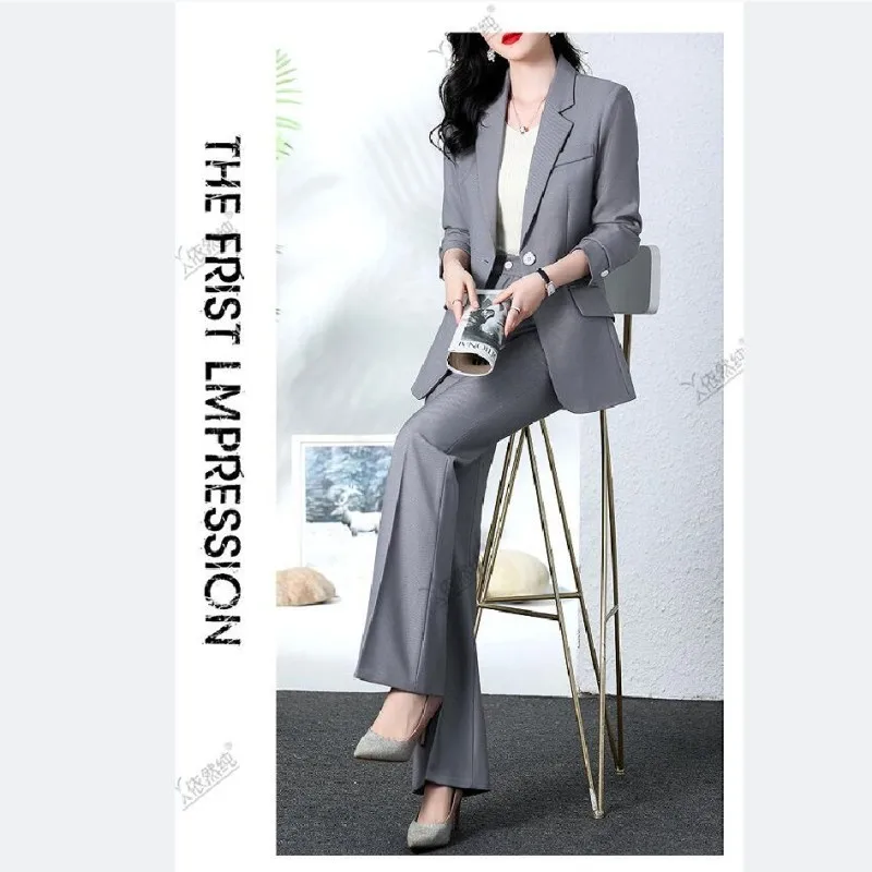 Women\'s Autumn Winter New Fashion Professional Suit Two Piece Korean Elegant Casual Blazer Jacket+Micro Flare Pants Matching Set