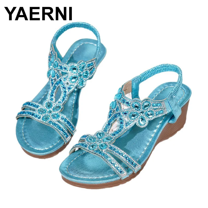 

Bohemian style thick-soled wedge sandals European and American fashion water diamond women's sandals