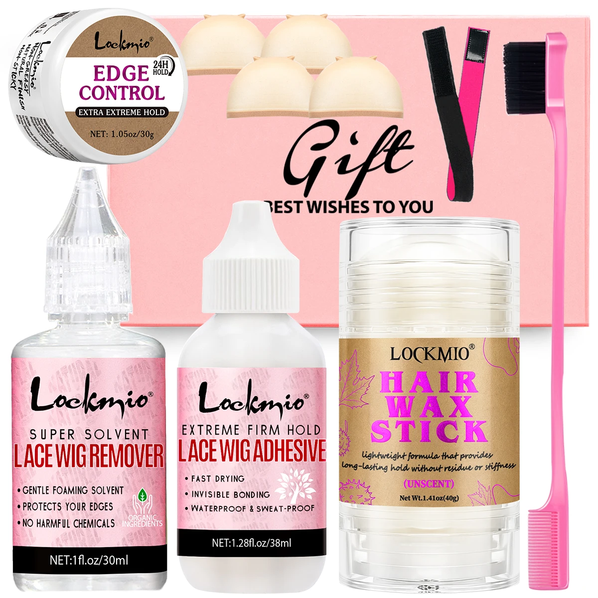 LOCKMIO Wig Installation Kit Invisible Adhesive Wig Glue Liquid Remover Styling Wax Edge Control Gel for Girlfriend Close Friend