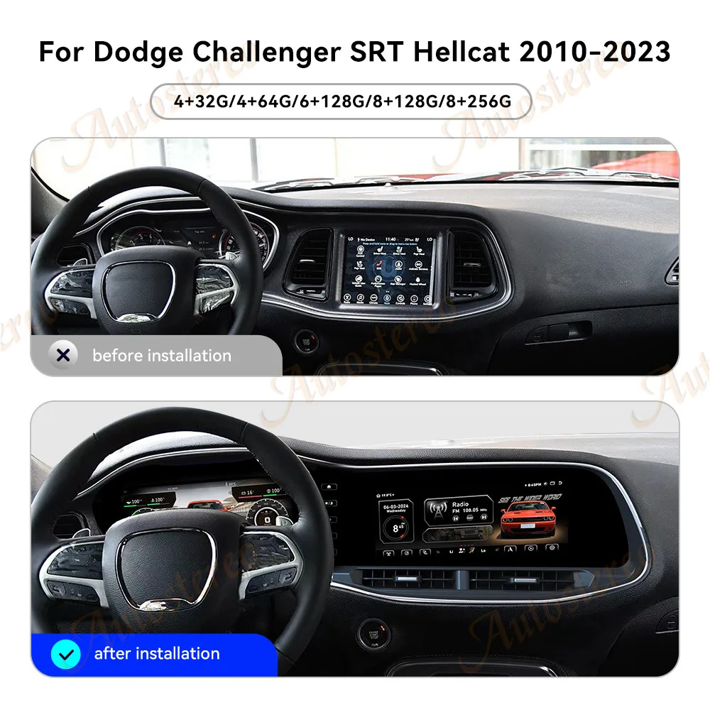 Car Digital Odometer Cluster Dual Screen For Dodge Challenger Hellcat SRT Android Carplay Radio GPS Navigation Multimedia Player