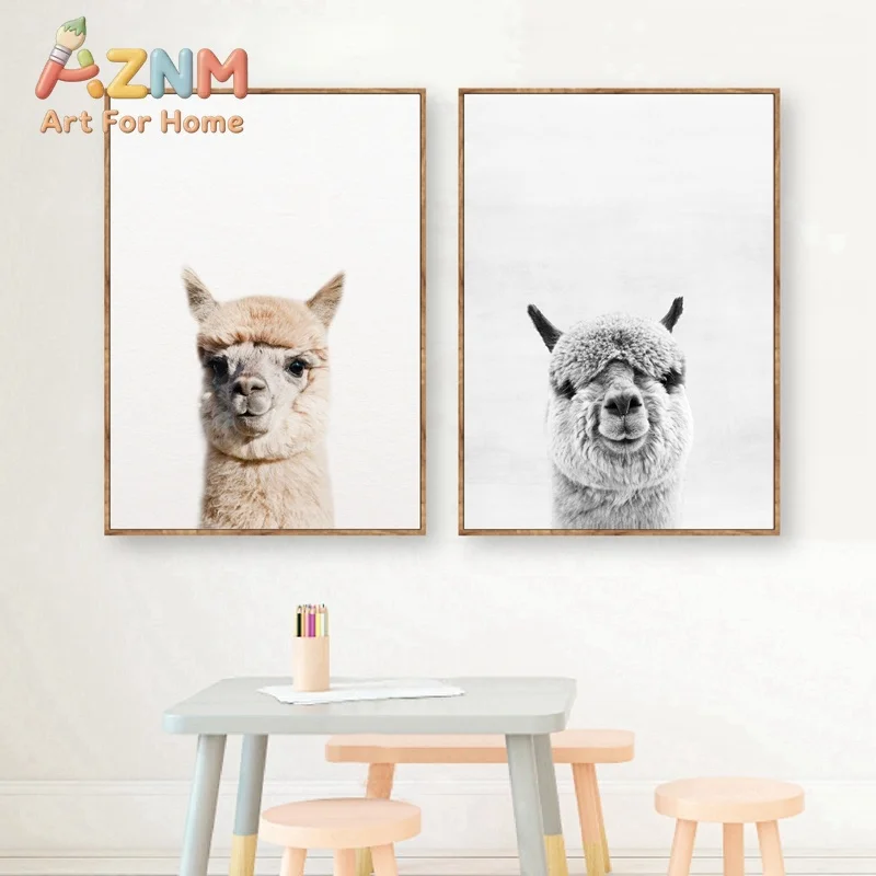 Baby Animal Alpaca Wall Art Canvas Print , Farm Animals Llama Art Canvas Painting Poster For Kids Room Nursery Wall Art Decor