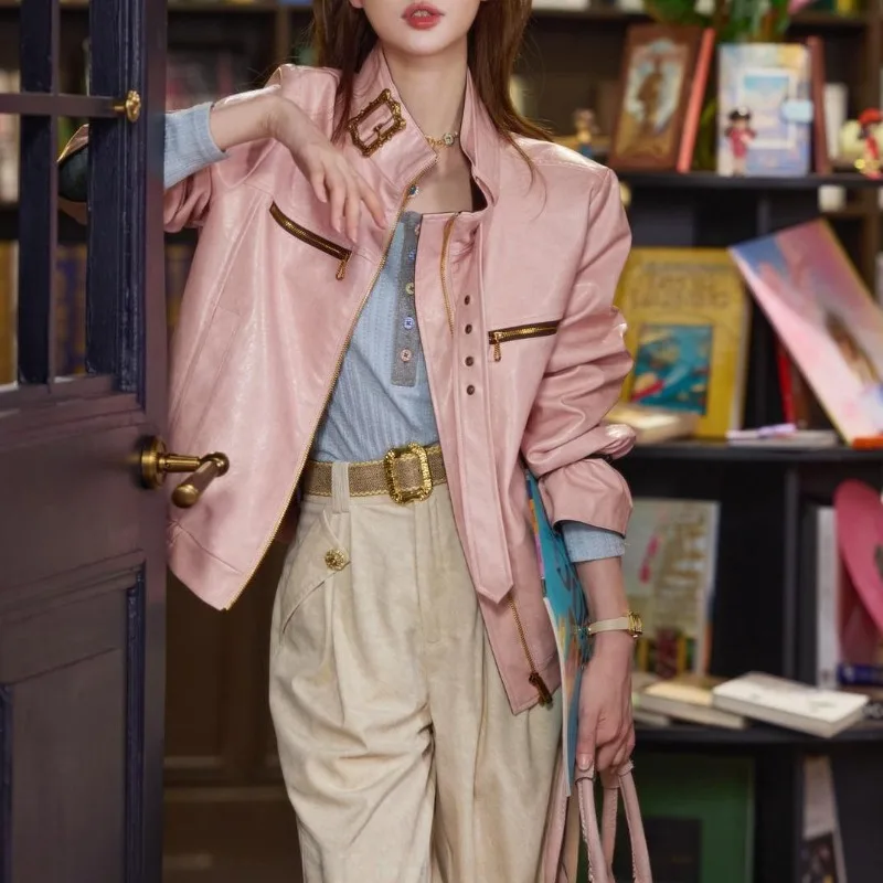 Women Shiny Texture Stand Collar Faux Leather Jacket Long Sleeve Loose Casual Outerwear Autumn Fashion Streetwear Coat