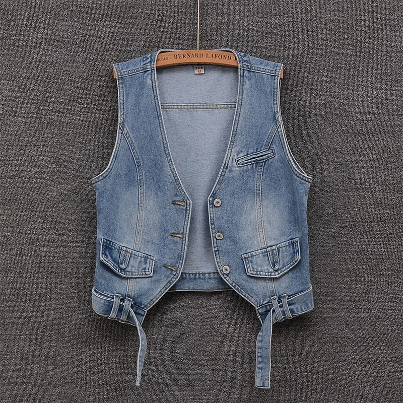 

Vintage Blue V-Neck Denim Vests Women Single-Breasted Summer Jean Sleeveless Short Jacket Basic Waistcoat Wash Chaleco Mujer Top