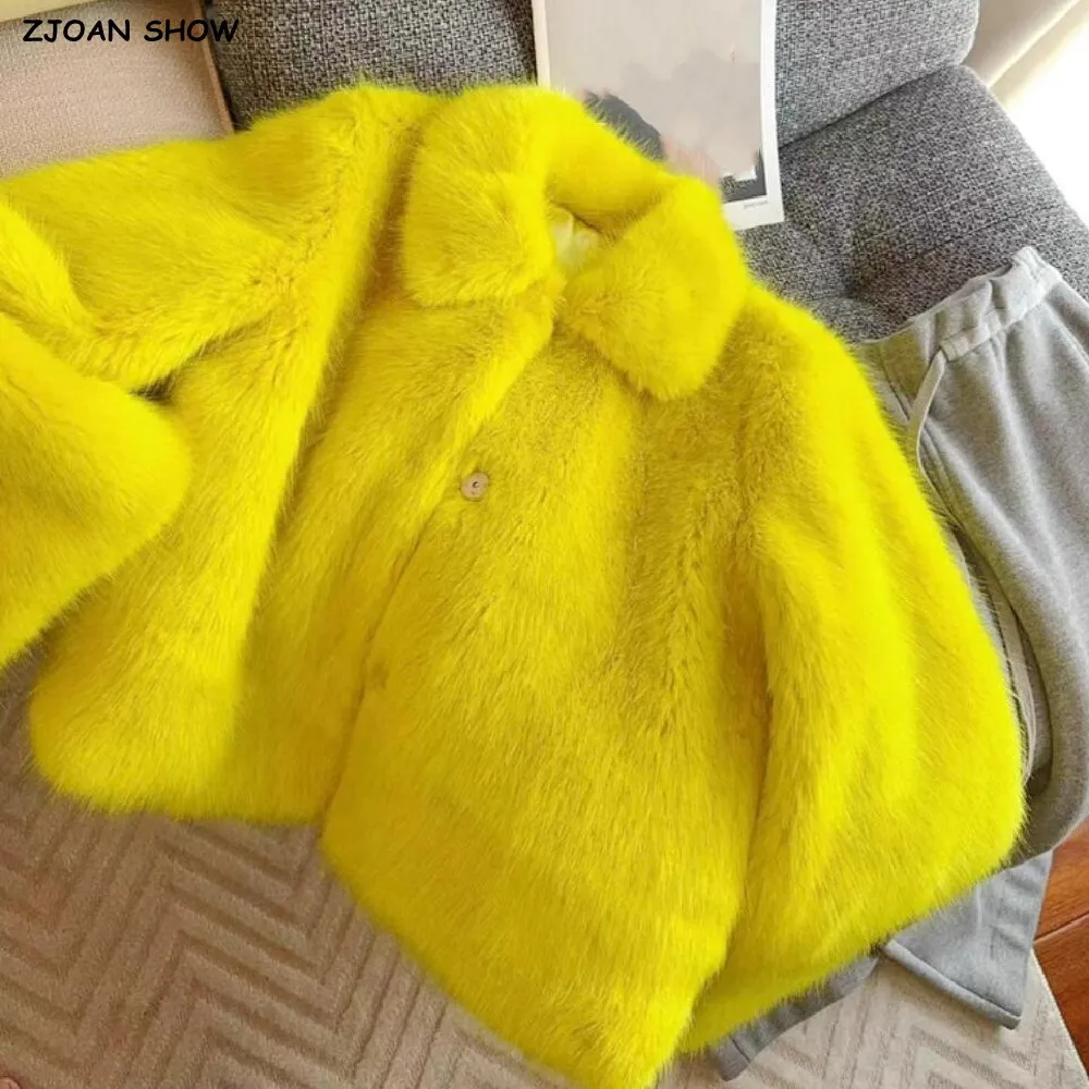 

Winter Yellow Turn down Collar Lapel Hairy Shaggy Soft Faux Fur Coat Women Full Sleeve Furry Warm Jacket Short Outerwear