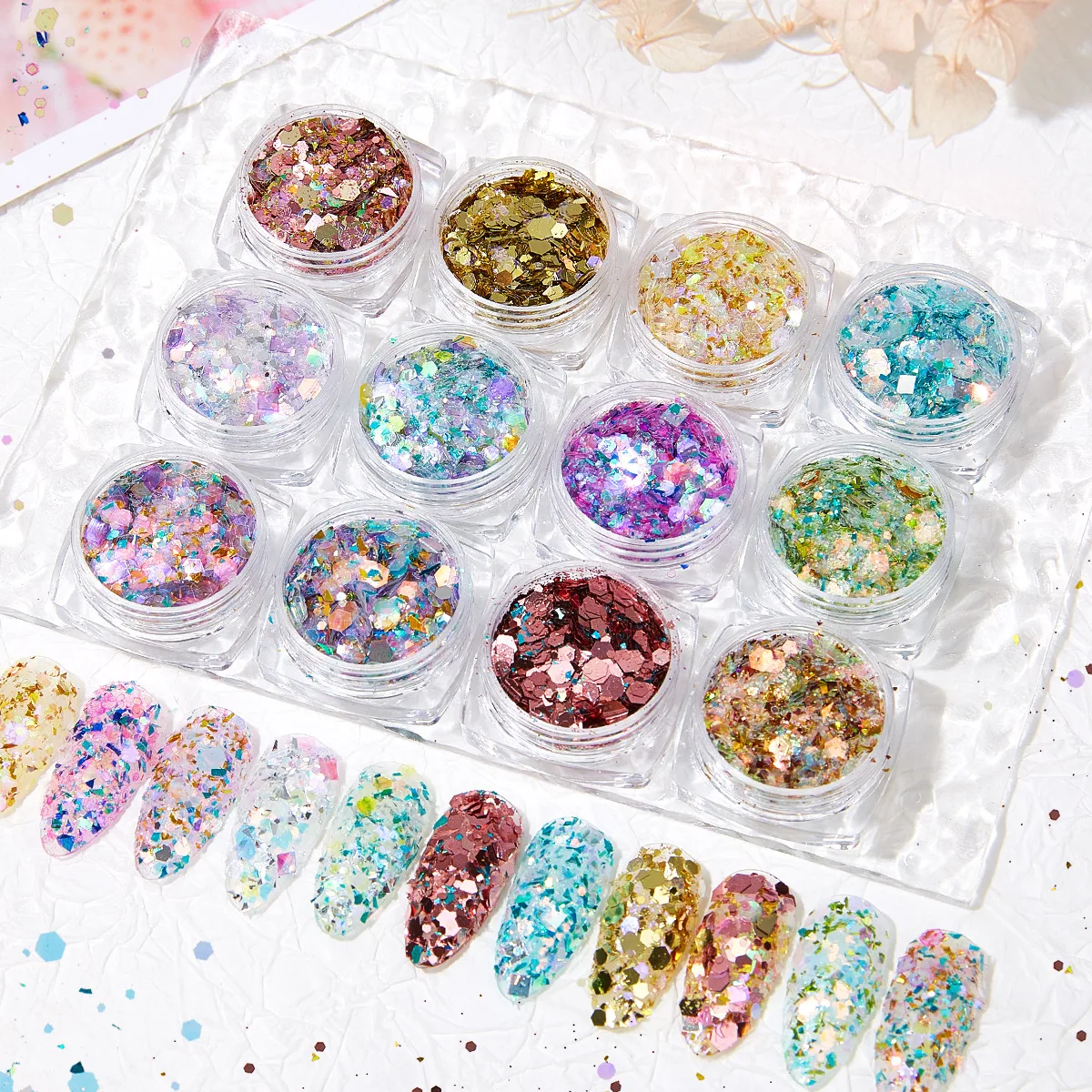 12-color set of glitter powder, magic color change light mixed glitter, sequins, European foil powder, chameleon nail art jewelr