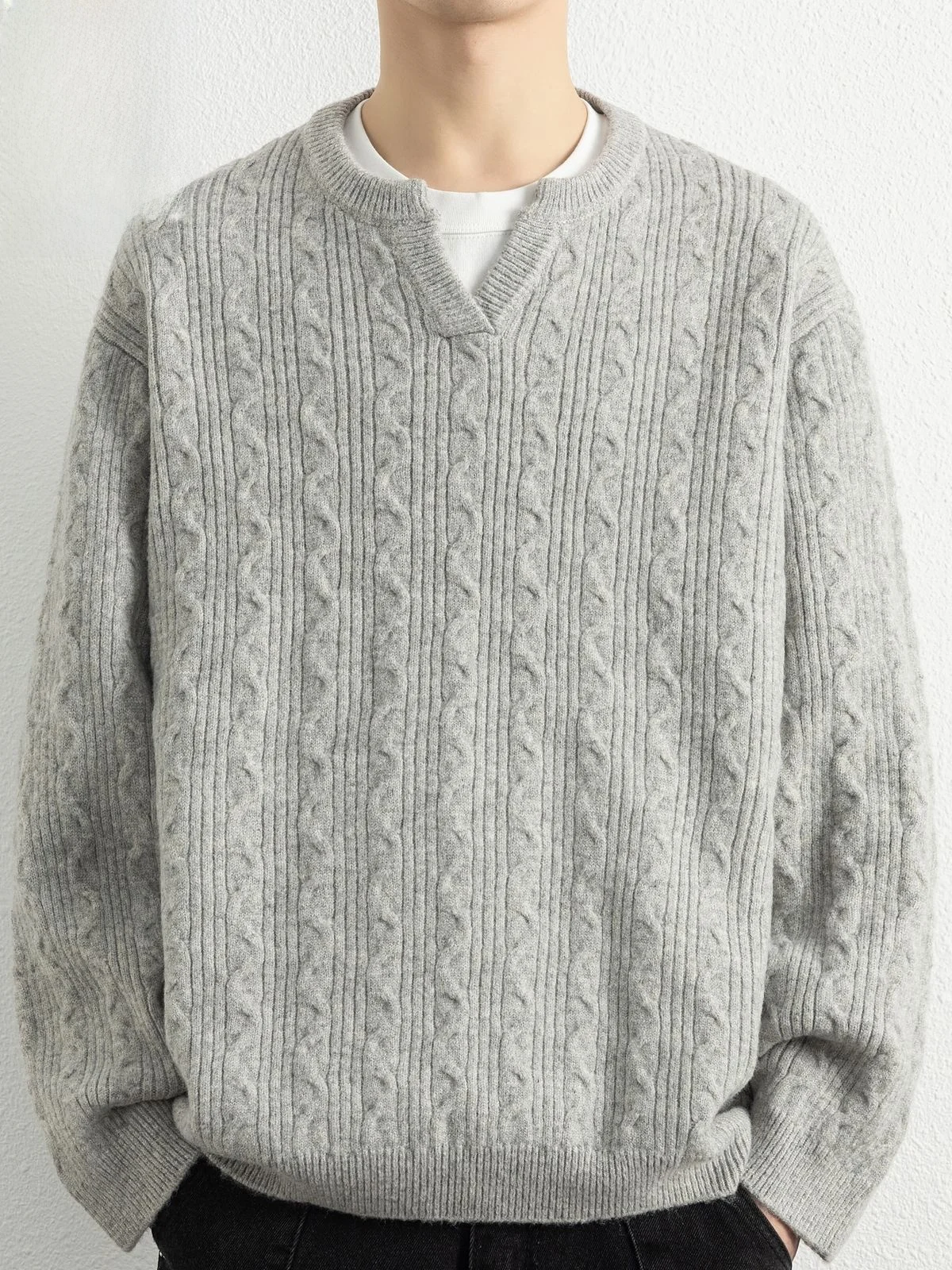 

Textured Men's Knitwear V-Ne Base Layer Trendy Loose Fit Autumn Long Sve Polyester Acrylic Nylon Wool Blend