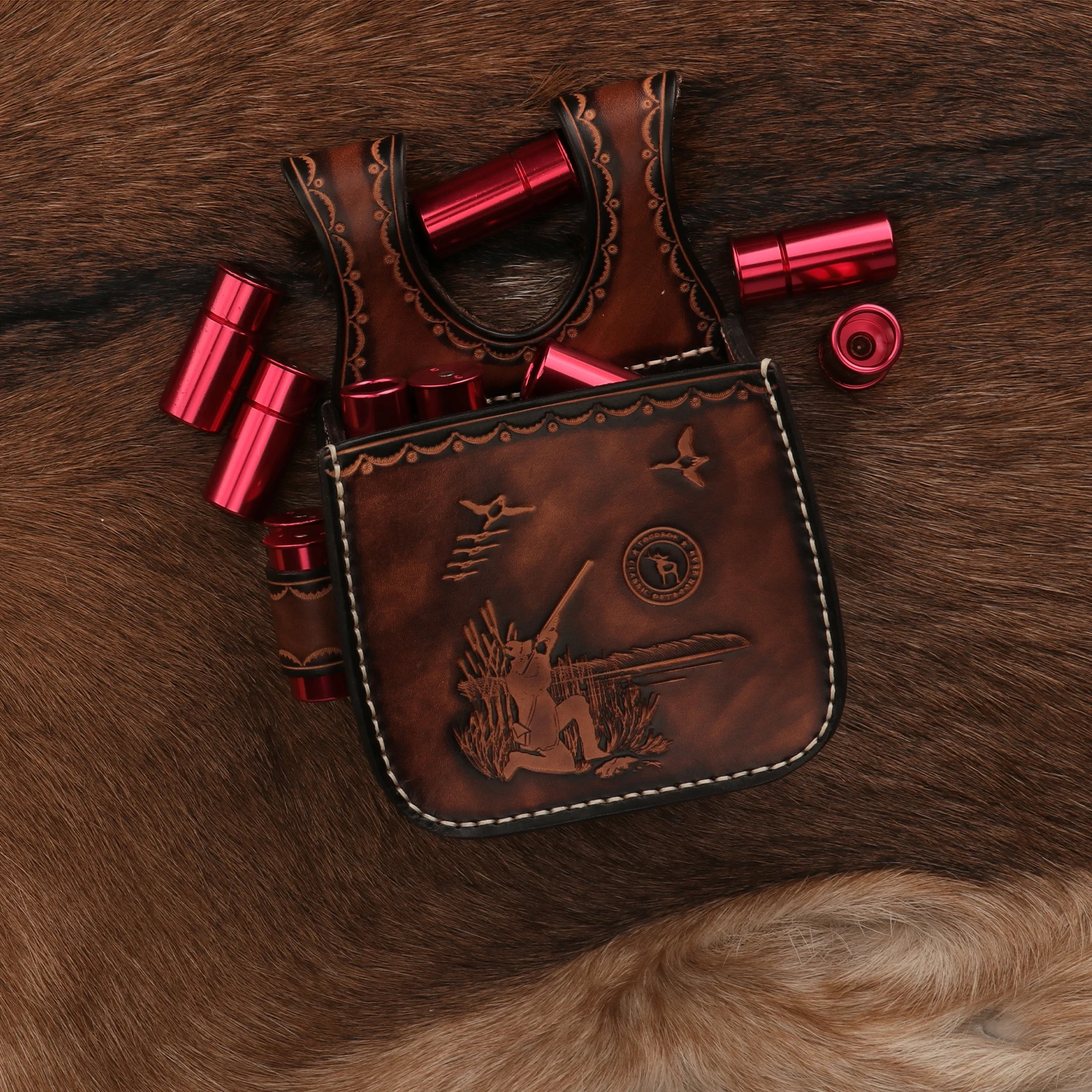 Tourbon Hunting Leather Shotgun Cartridges Pouch Ammo Waist Bag Case Gun Shell Pouch with 2 Bullet Loop for 12/16/20 Gauge Brown