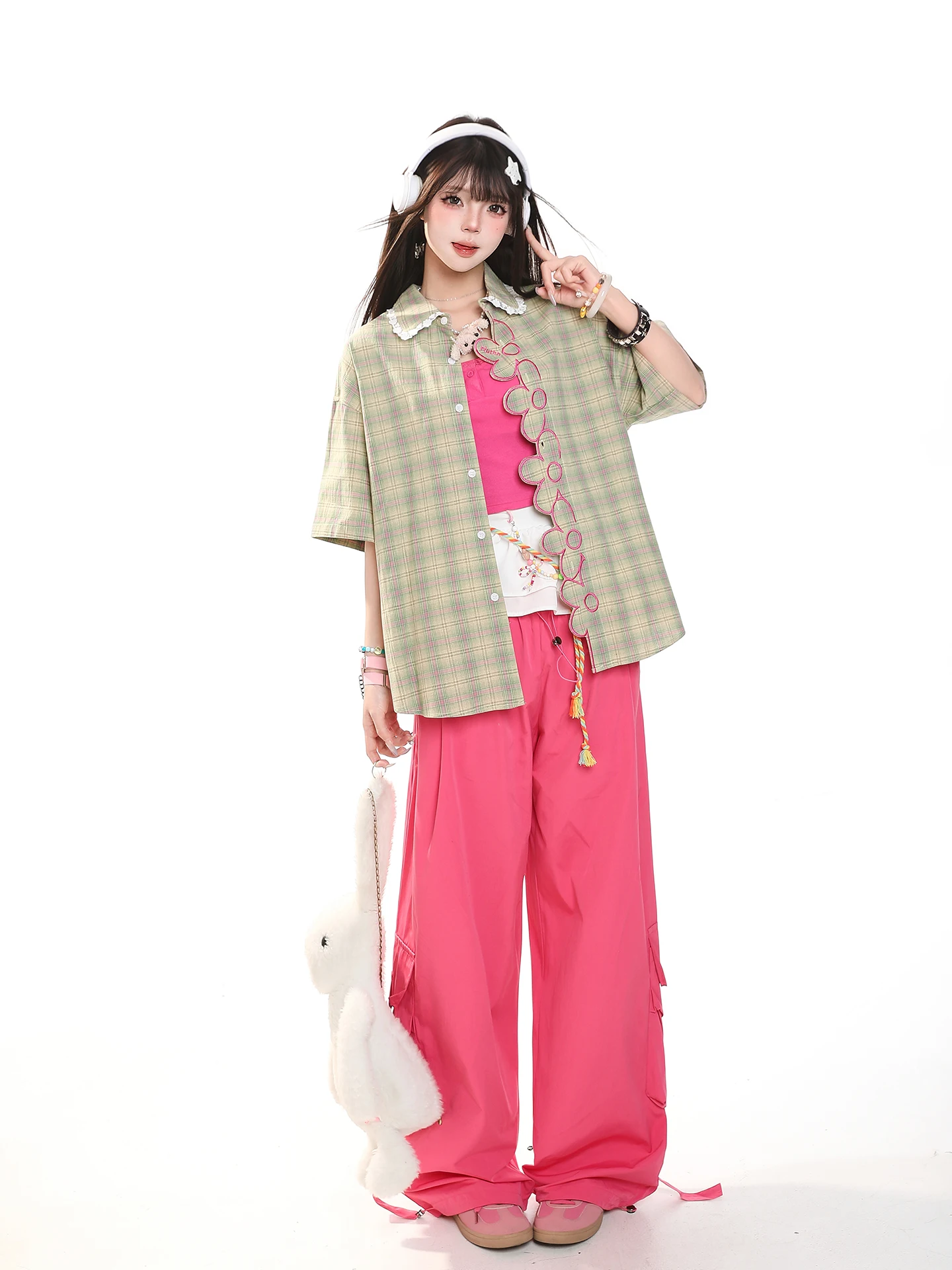 Loose Fit Lace Patchwork Plaid Short Sleeve Shirt Women's Summer Korean Style Casual Versatile Loose Feeling Top