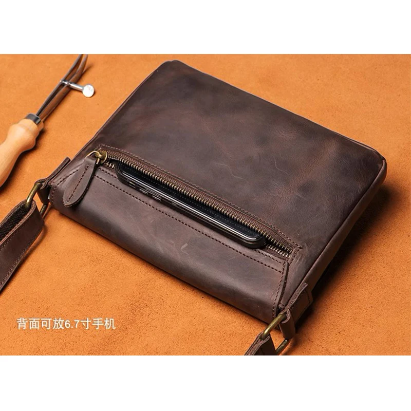 Men\'s Cowhide Bag Flap Fashion Shoulder Bag 7.9 inch ipad phone bag Vintage Leather Crossbody Bag Gift for Husband
