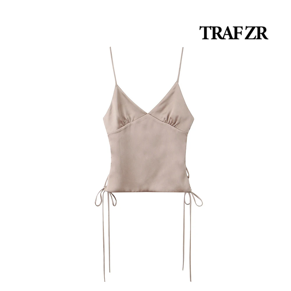 TRAF ZR Camisloe Tops Heart Neck Shirring Bustier Back Zip Sexy Tank Adjustabe Spaghetii Straps Side Tieds Top Comfy One Piece