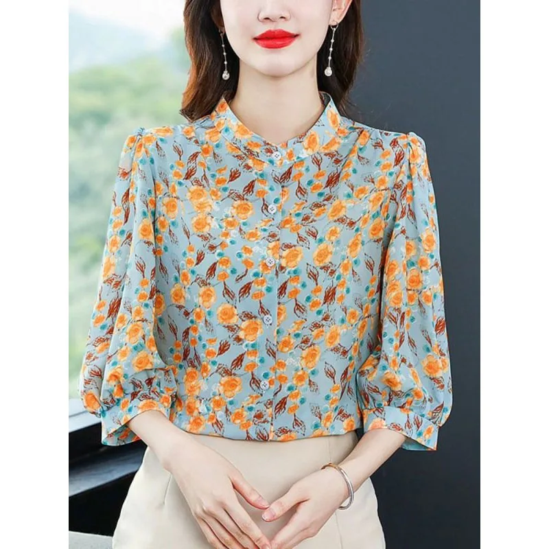 2024 Summer New Women\'s Elegant Versatile Slim Fashion Korean Version Crew Neck Printed Button Commuter 3/4 Sleeve Shirt Tops