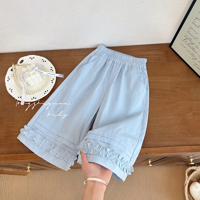 

Blue Lace Pants Solid Color Simple Cute Sweet Korean Summer New Lace Thin Fashionable and Casual Straight Leg Pants