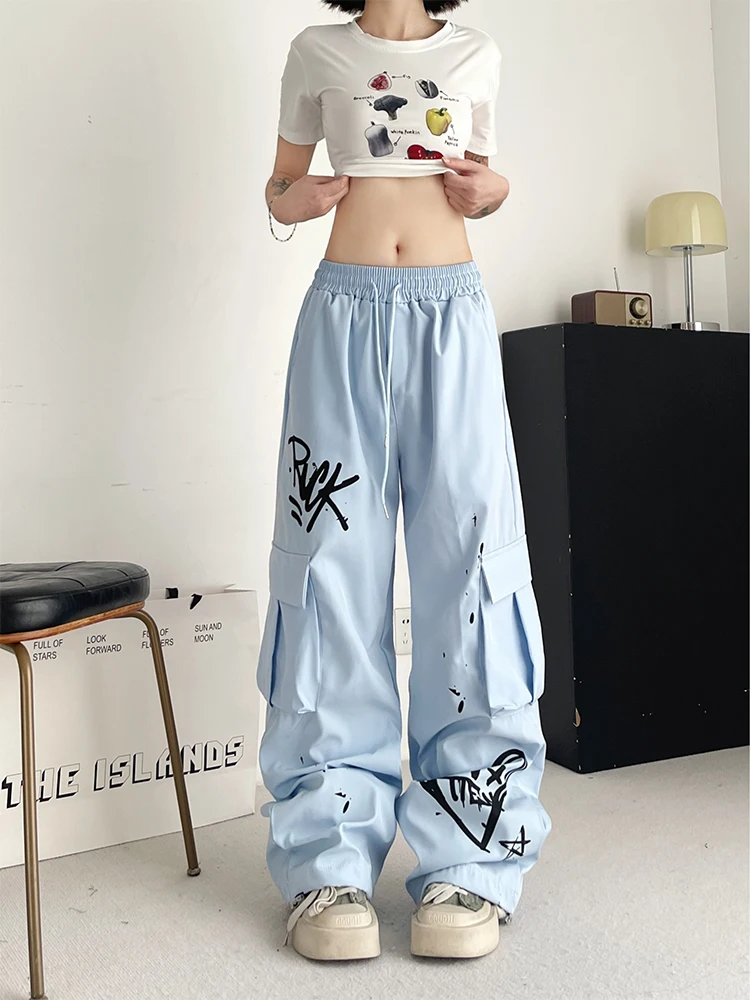 Women\'s Black Gothic Graffiti Cargo Pants Y2k 2000s Streetwear Vintage Emo Trousers Harajuku Parachute Pants Aesthetic Clothes