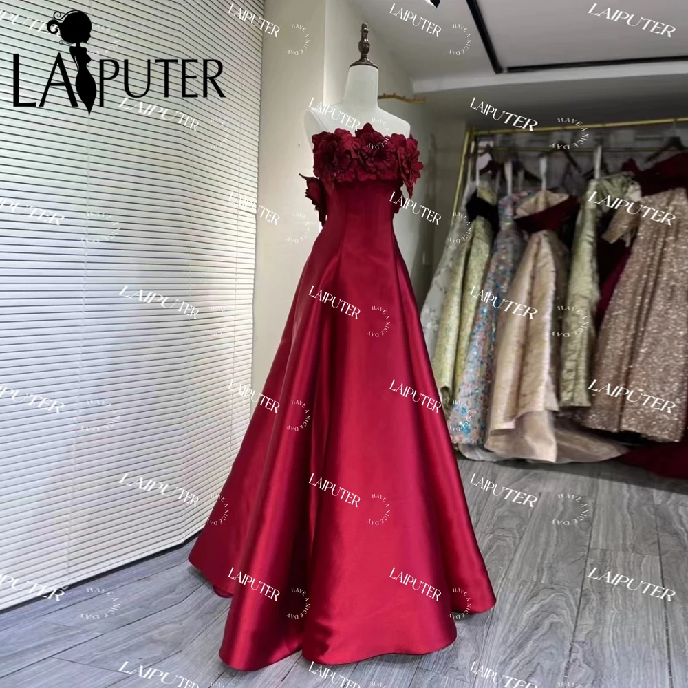 Hand-Made 3D Flowers Burgundy Long Prom Dresses off Shoulder Satin A line Dark Red Evening Gown Long Sleeves Woman Formal Dress