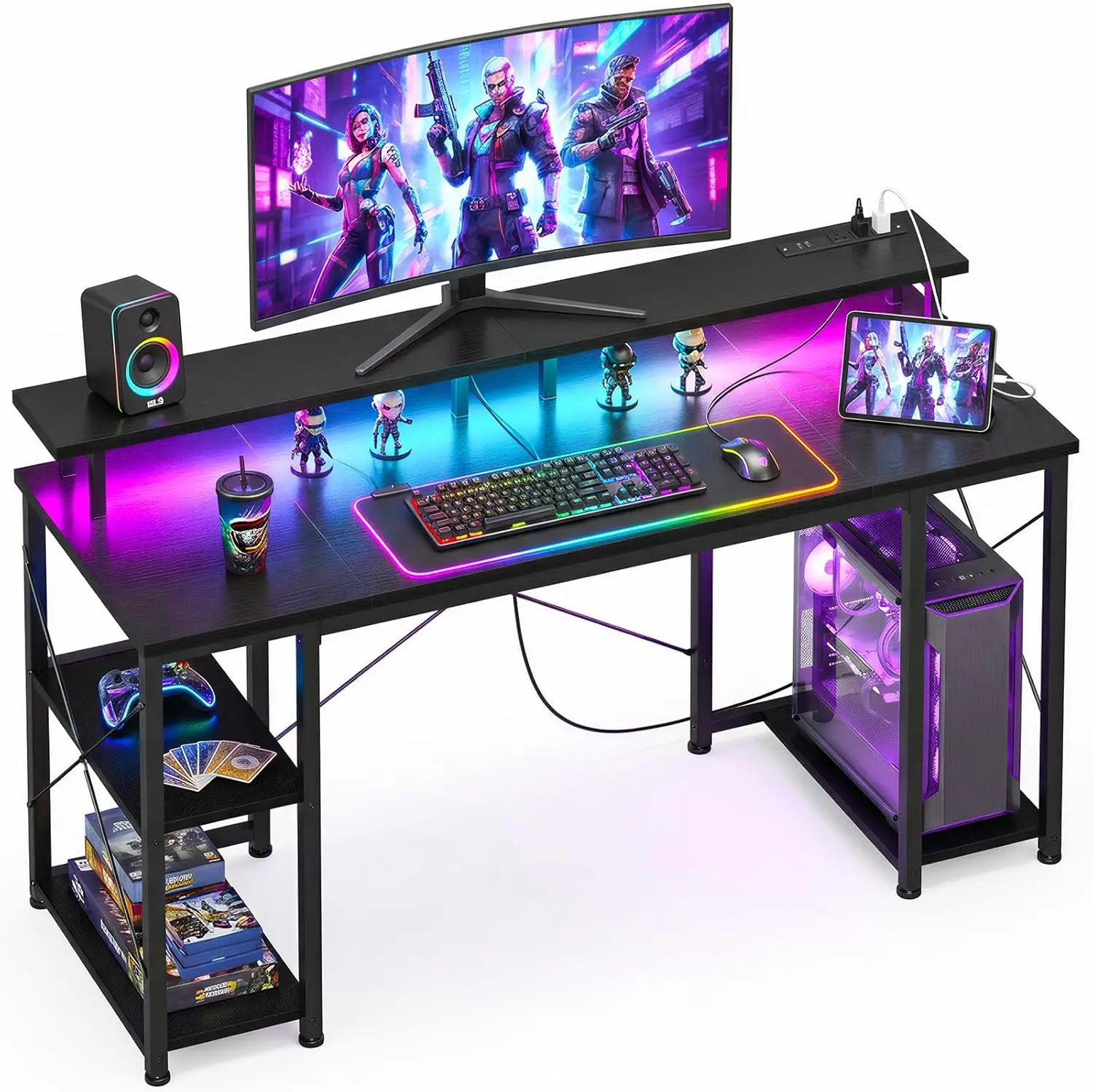 

48-дюймовый игровой стол с LED-подсветкой, розетками, подставкой для монитора и полками для хранения, черный, для домашнего офиса