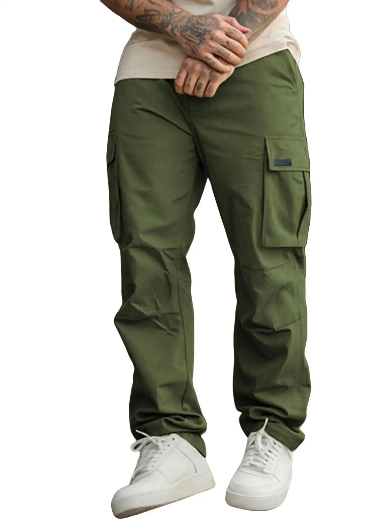 Herren Einfarbige Cargohose Regular Fit Lässige Gerade Hose mit Pattentaschen und Kordelzug für den Alltag – Detail 9
