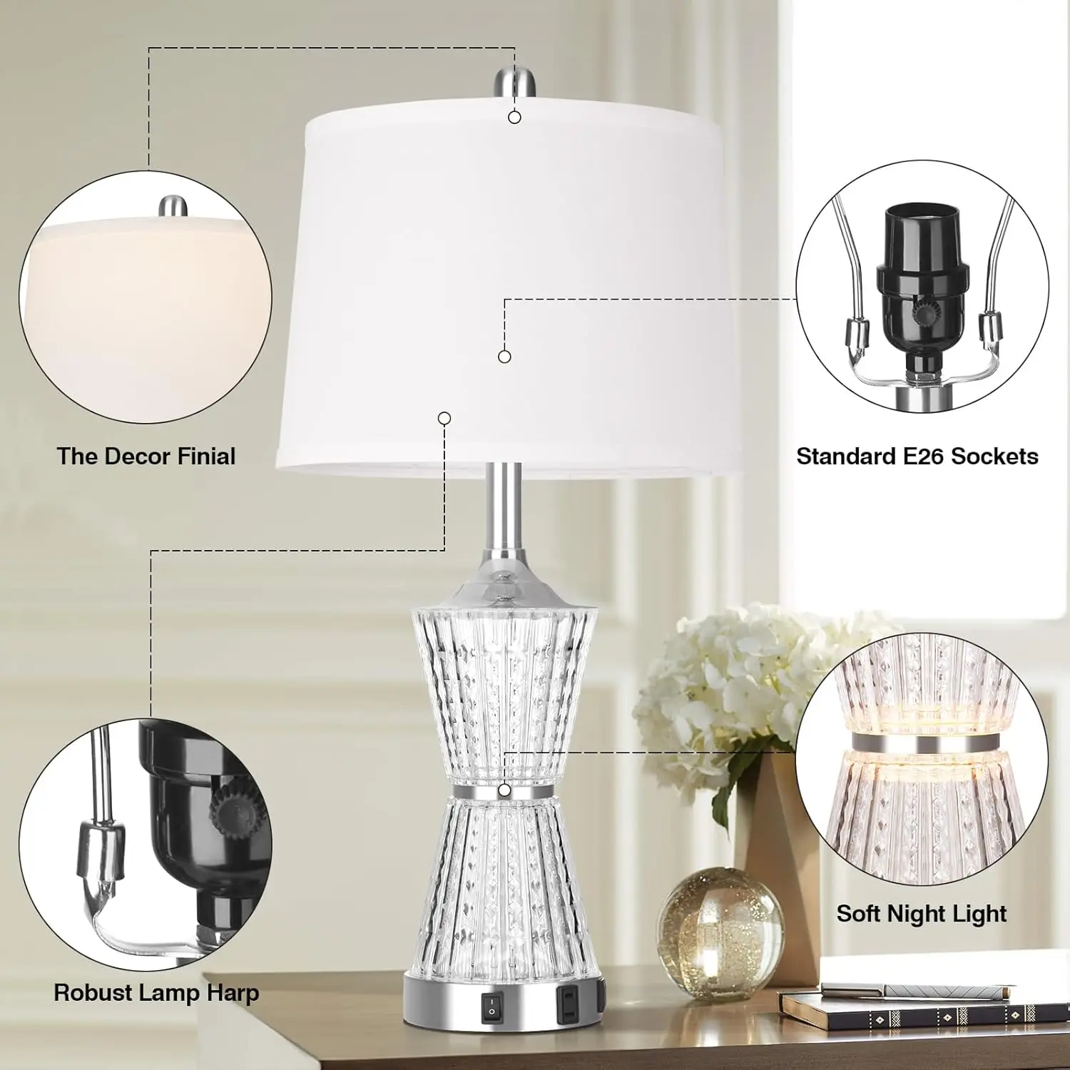 26' Modern Table Lamps Set of 2 with USB & AC Outlet, LED Bulbs Included, White Shade for Bedroom Living Room Decor