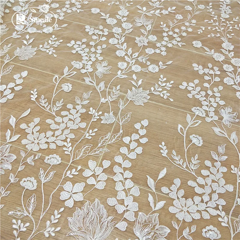 Ivory White Sequined Embroidered Lace Fabric, Wedding Dress DIY Accessories, RS2498