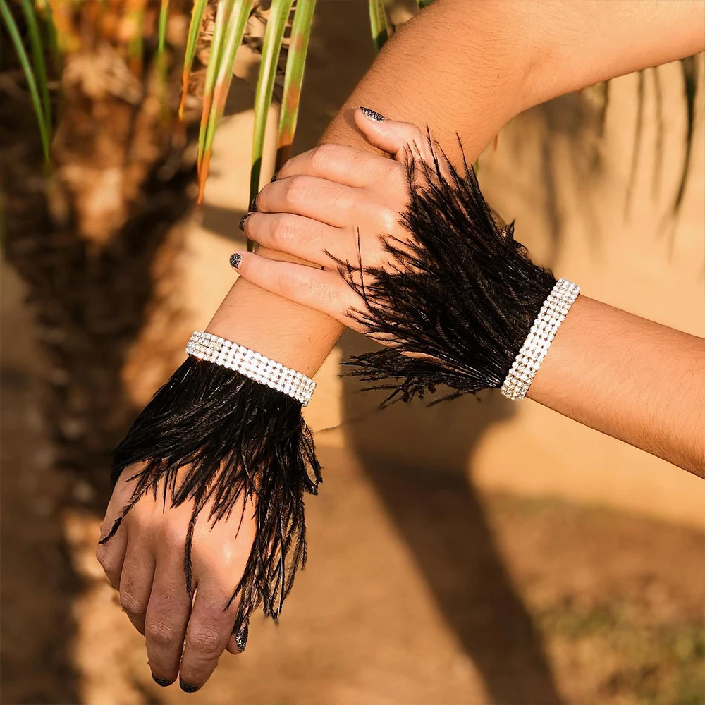 Stonefans Black Feather Cuff Bracelet Wristband Women Hand Ornament Gorgeous Boho Handmade Rhinestone Open Bangle Chain Party