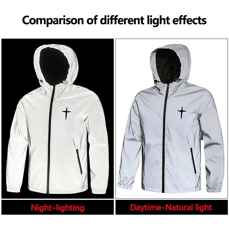 Men's Night Reflective Cross Printed Jacket Outdoor Windproof Hooded Hip Hop Coat Luminous Safety Outerwear for Running Cycling