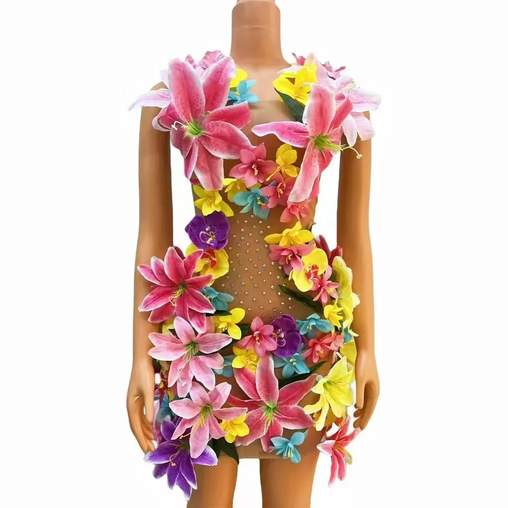 

Sexy Colorful Flowers Rhinestones Mesh Dress Wedding Birthday Celebrate Sleeveless Singer Dancer See Through Photo Shoot Outfit
