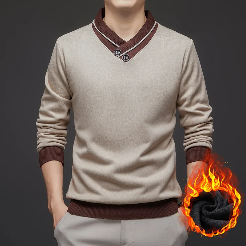 

Мужской утолщенный трикотаж на флисовой подкладке, осенне-зимний новый свитер с длинными рукавами и шарфом с воротником, приятный для кожи универсальный топ