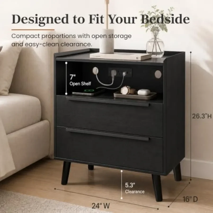 26 Inch Tall Nightstand with Charging Station, 2 Drawers