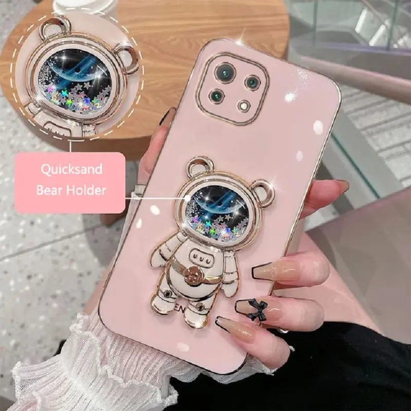 Phone Case for Xiaomi 11 Lite Luxury Plating Quicksand Cartoon Bear Fold Stand Phone Case Cover