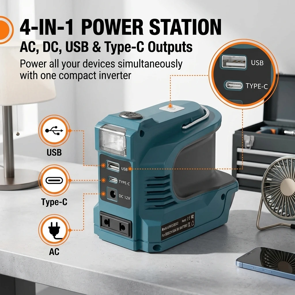 220W Power Inverter for Makita Bosch Dewalt Milwaukee 18V Battery AC 120-220V Outlet USB QC3.0 PD Fast Charger Outdoor