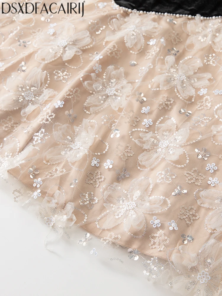 DSXDFACAIRIJ Damen-Kleid mit Perlenstickerei, V-Ausschnitt, Laternenärmel, Pailletten, Applikationen, Schnürung, Vintage, gespleißt, Samtkleid, modisch, Herbst, weiblich