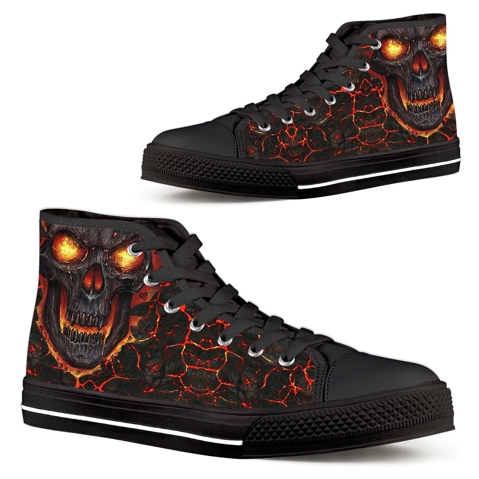 

ELVISWORDS Horror Skull Flame Skull Men's Sneakers Day Of The Dead Skull Lace Up Black Men's Casual Shoes Outdoor Sneakers