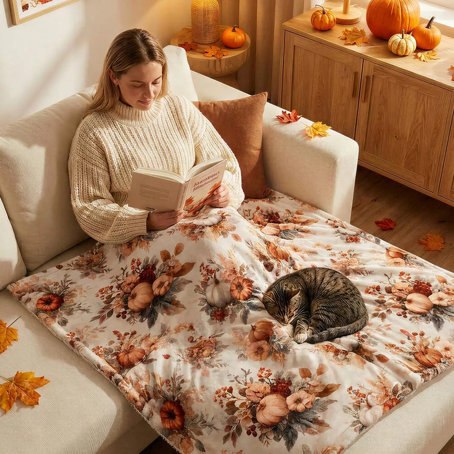 EVERLORIA Fall Pumpkin Throw Blanket 50"x60", Soft Warm Flannel Sherpa Fleece Autumn Blanket, Orange Pumpkin & Maple Leaves Throw for Sofa Couch Bed, Cozy Farmhouse Thanksgiving Home Decor Gift - view 4
