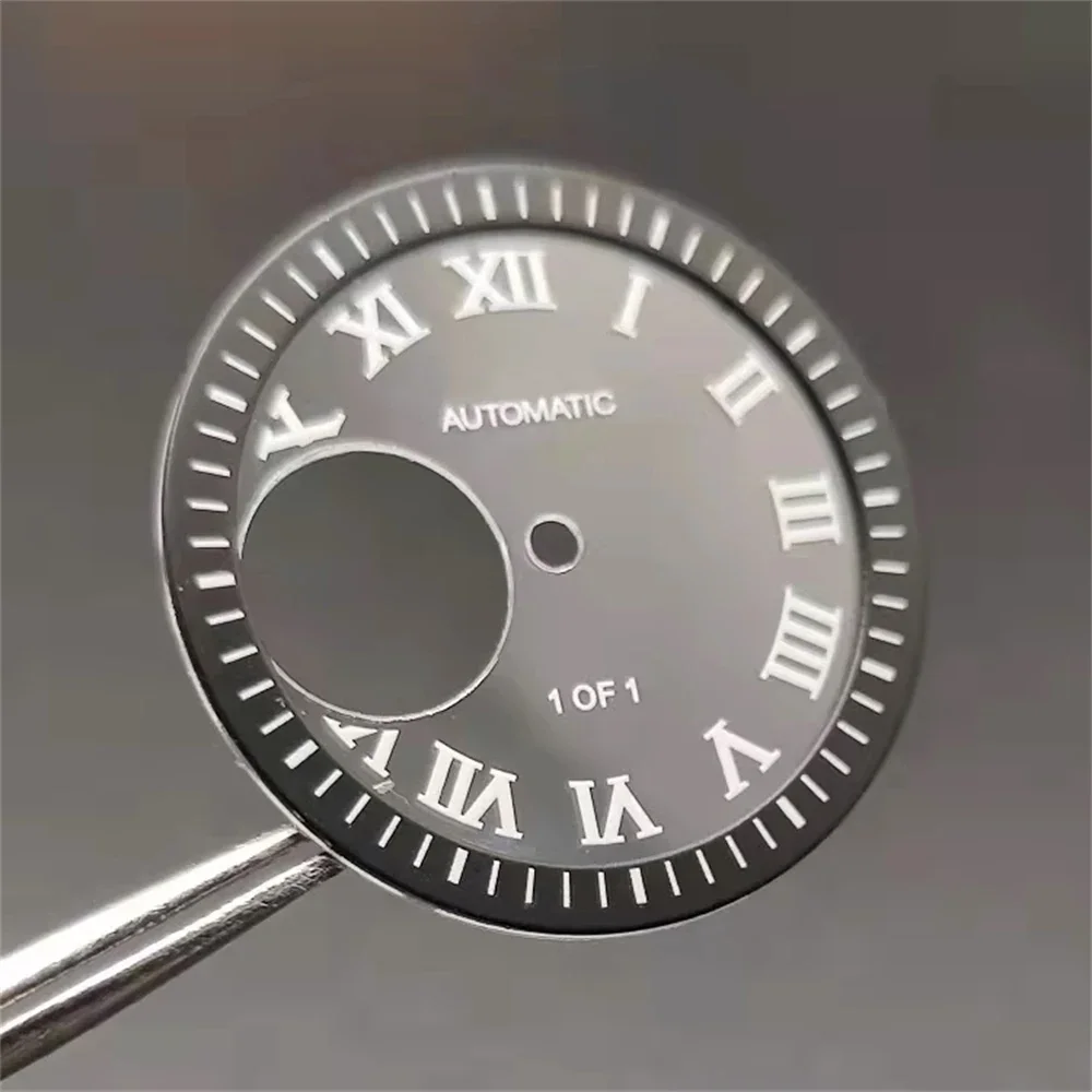 หน้าปัด NH38 28.5มม. ตัวเลขโรมันหน้าปัด Jam Tangan Hollow ใสหน้าปัดสีเขียวเข้มหน้าปัด NH38เคลื่อนไหวกลไกใหม่ DIY