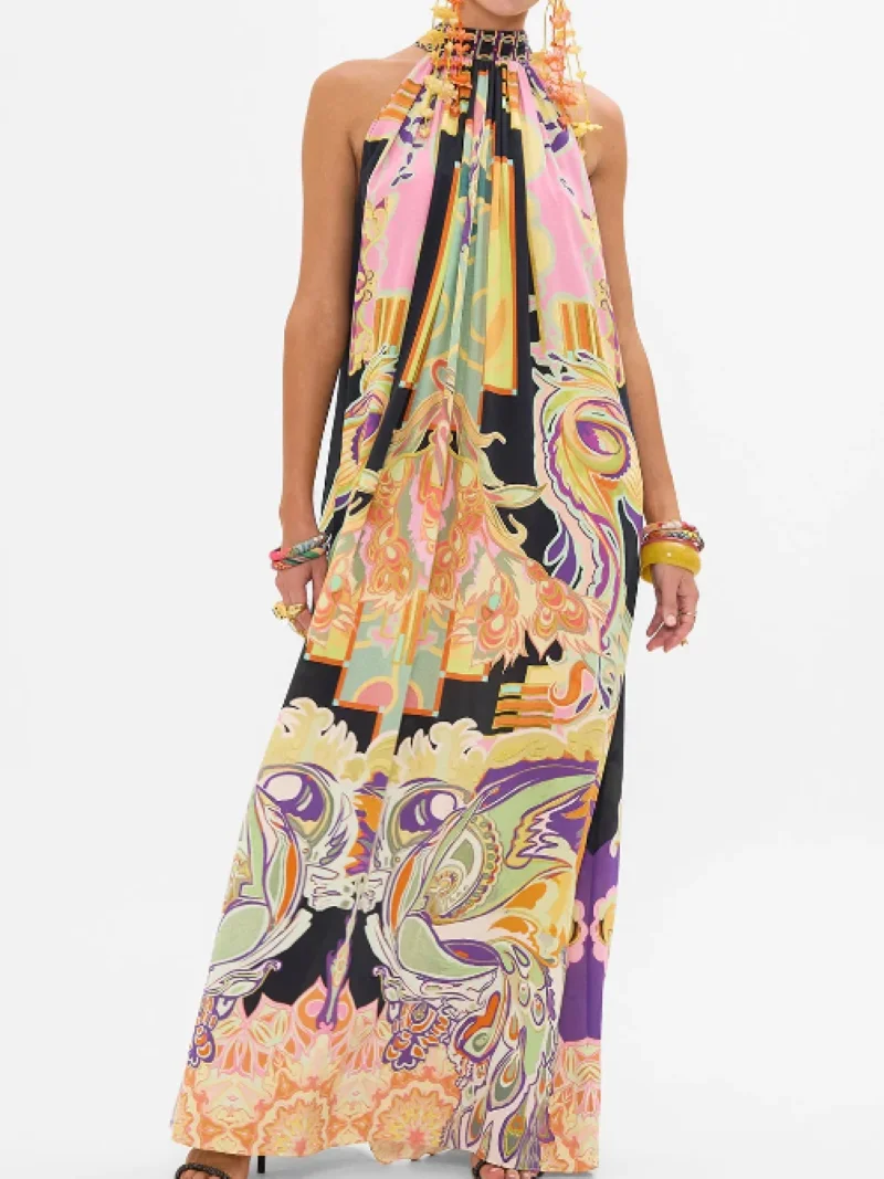 Women Flower Printed Silk Robe Lace-up Halter Neck Sleeveless Elegant Maxi Dress