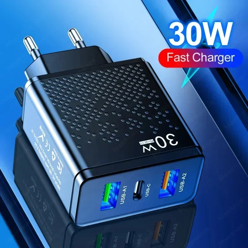 3 Ports EU/US Plug Wall Adapter PD USB Charger Quick Charge 3.0 30W Fast Phones Charger Adapter