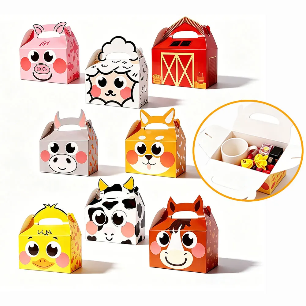 8/16/24pcs Cute Farm Animal Theme Gift Box Children Party Birthday Candy Box With Handle Paper Gift Box
