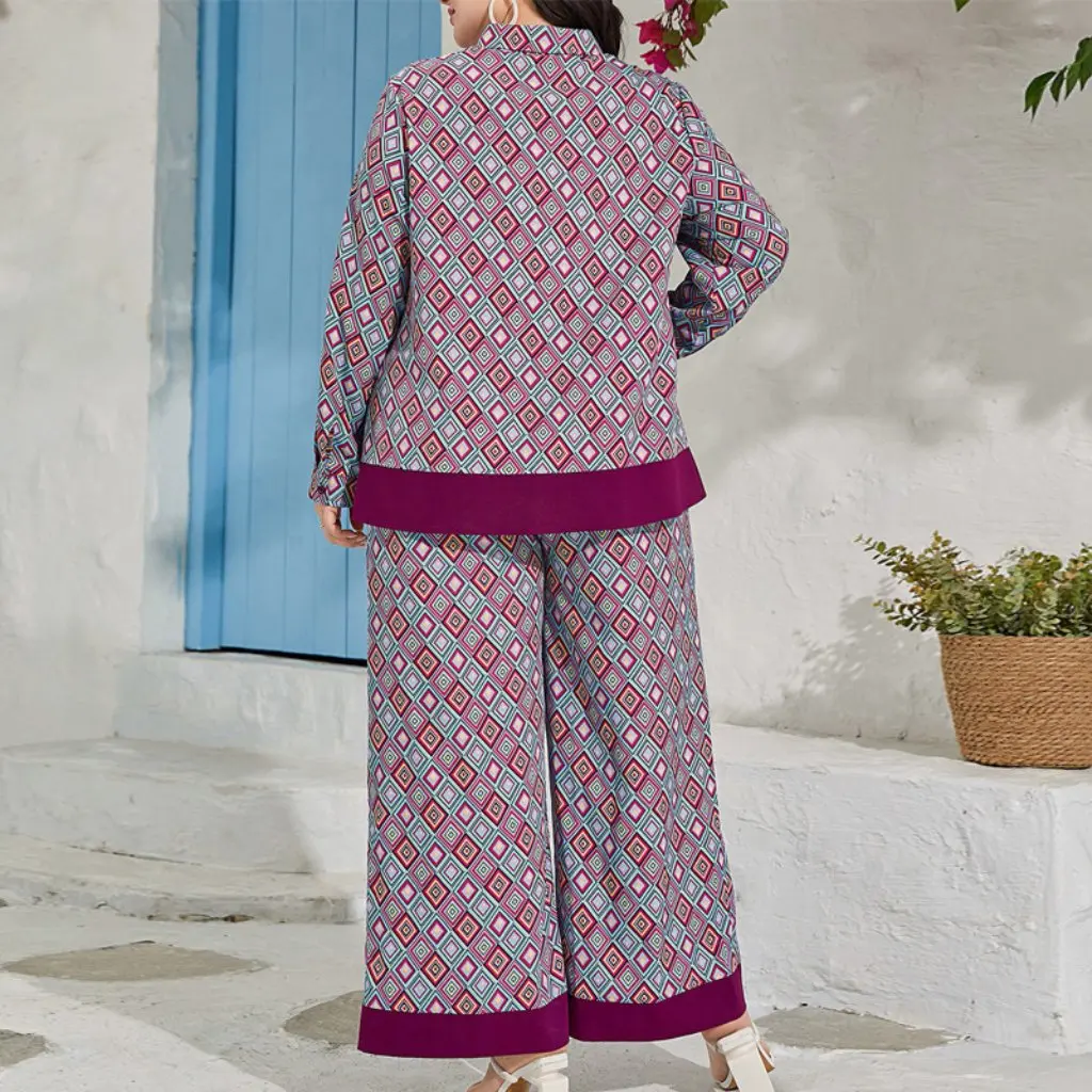 

Женский модный костюм больших размеров, свободный комплект из двух предметов с геометрическим принтом, с длинным рукавом, в стиле Ближнего Востока, весна-осень, новинка