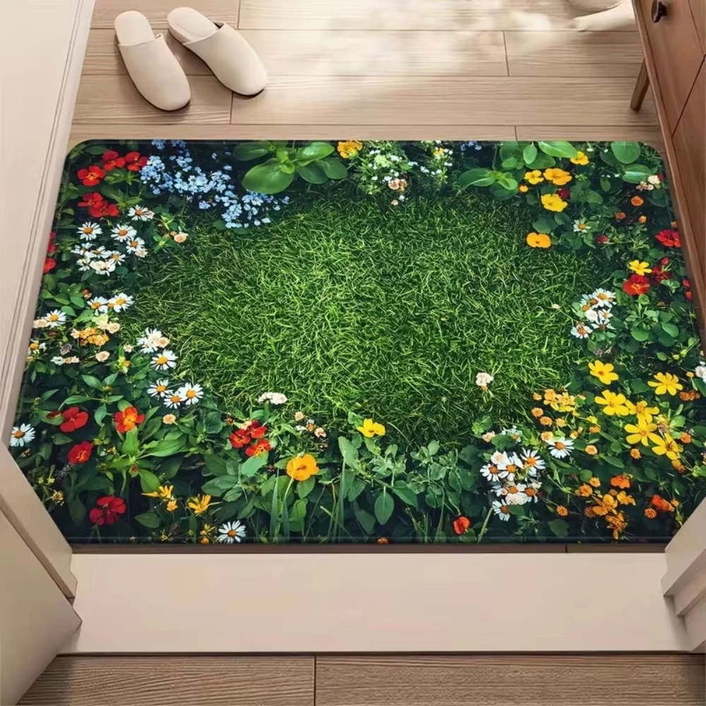 VIKAMA 3D Green Grass & Wildflower Doormat, Non-Slip Absorbent Washable Floor Rug for Entryway, Bathroom & Home Decor