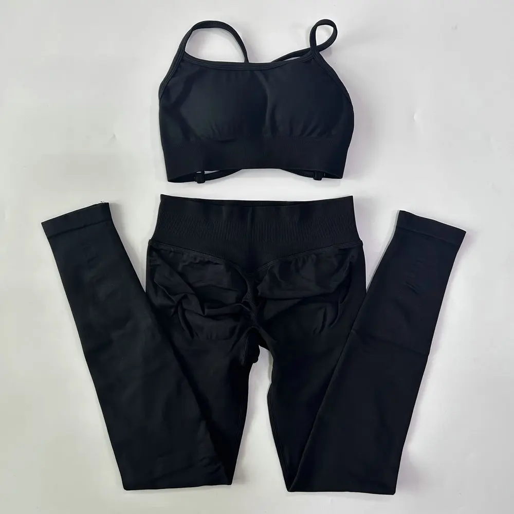 Pericic Nahtloses Yoga-Set 2-teilig Damen Workout-Set Scrunch-Leggings Rückenfreier Sport-BH Fitness-Top Gym-Hose Kleidung – Detail 12