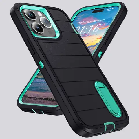 För iPhone 15/iPhone 15 Plus/iPhone 15 Pro/iPhone 15 Pro Max-skal med 3 lager, kraftigt skyddande stativ, svart grönt 10 best sales iPhone 15 Pro-skal - №5