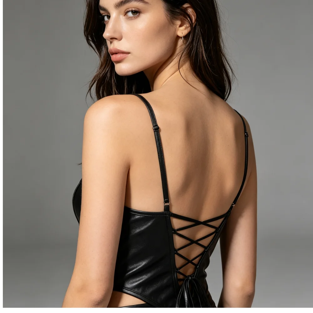Y2K PU Leather Bustier Corset Women Spaghetti Strap Back Lace Up Pointed Hem Streetwear Top Flexible Seam Boning