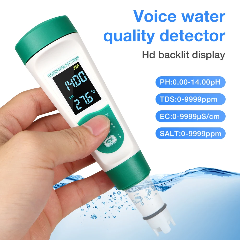 5 in 1 PH Meter Temperature TDS EC Salinity Meter Rechargeable Digital Water Quality Monitor Salt  Tester for Aquarium Pools