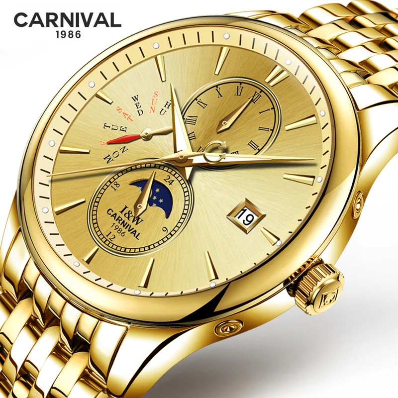 

Carnival Mens Watches Top Brand Luxury Waterproof Clock Men Moon Phase Week Date Automatic Mechanical Watch Relogios Masculino