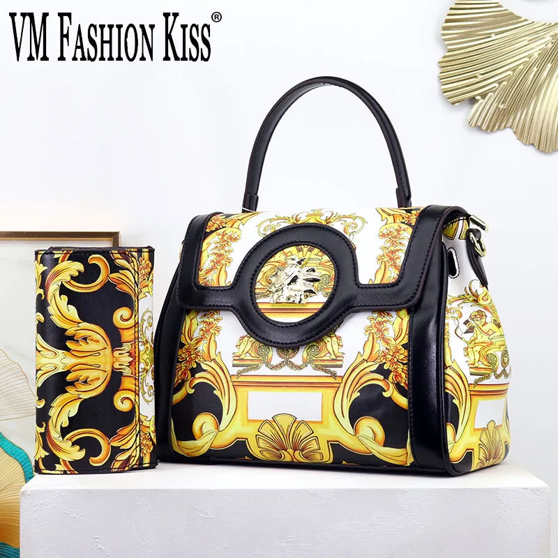 VM FASHION KISS Printed Handbag Wallet Set Luxury Design Women Messenger Bags Leather Handbags Money Purse Hand Bag Woman 