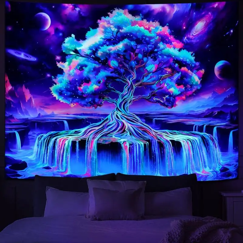 VIKAMA Multicolor Cosmic Tree Cascading Falls UV Blacklight Tapestry Glow In Dark Trippy Wall Decor Accent Soft Durable Cozy
