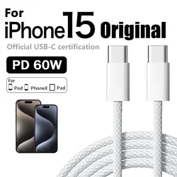 Cabo USB C para Tipo C para Apple, Carregador Rápido para iPhone 15, 16 Pro Max, Carregamento Rápido para Samsung S24, Xiaomi, PD Original, 60W, 6A